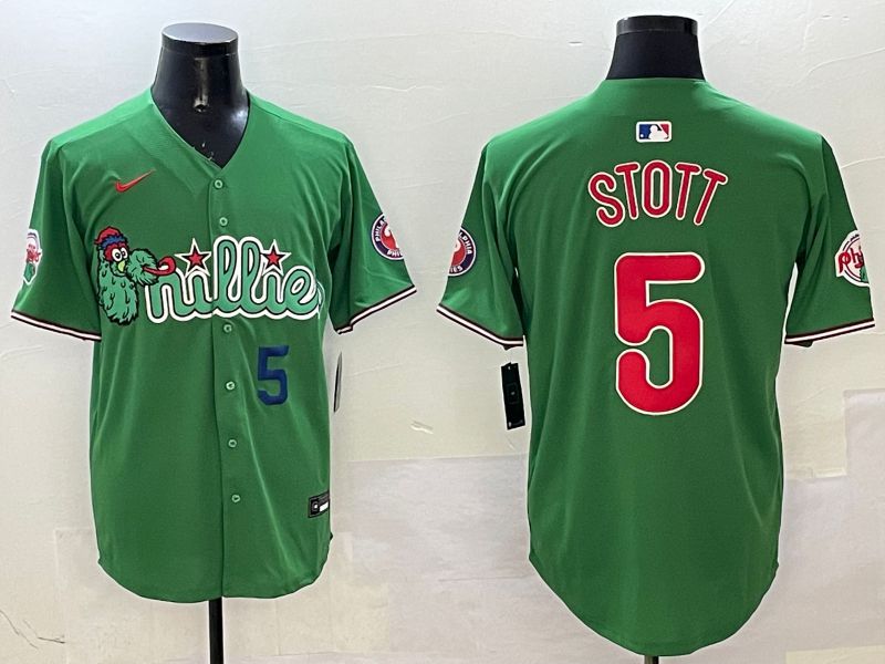 Men Philadelphia Phillies #5 Stott Green Three generations Joint Name Game 2025 Nike MLB Jersey style 3
